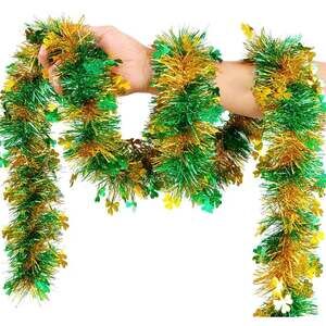 FOIMAS 33 Feet St. Patrick's Day Shamrock Tinsel Garland Green and Gold